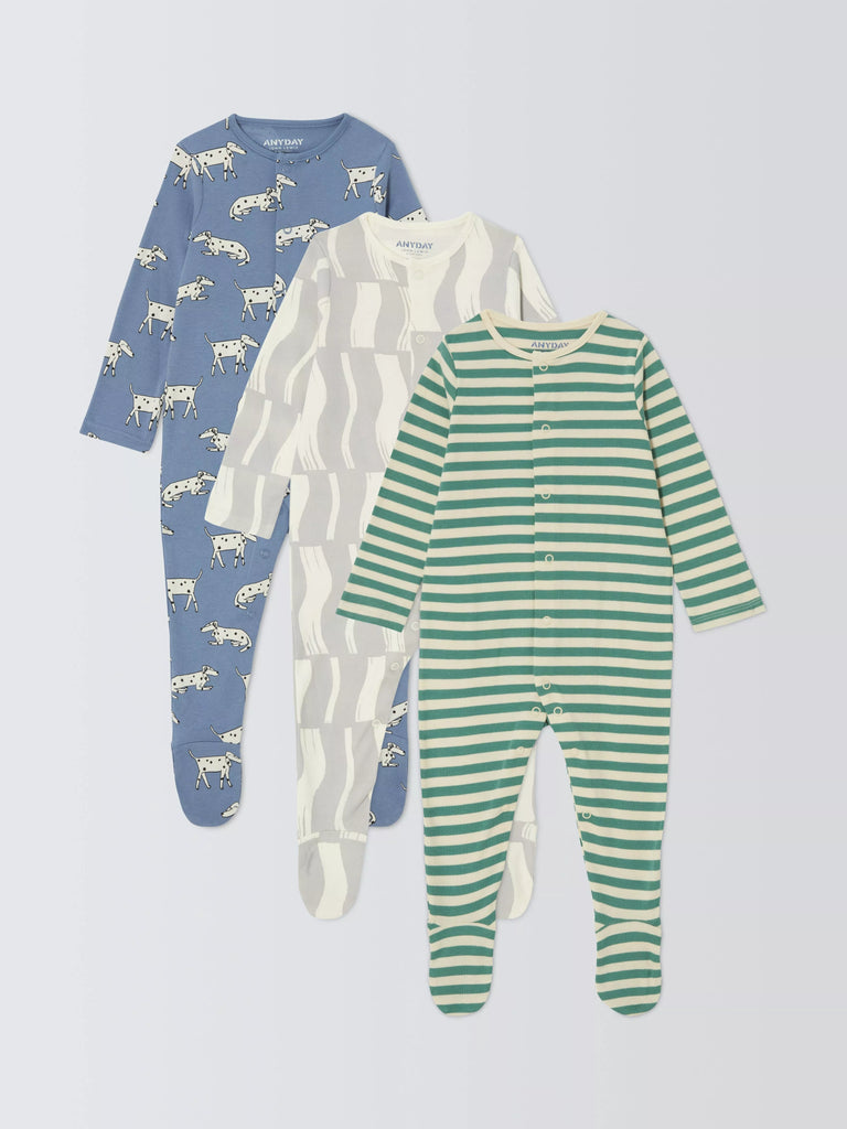 John Lewis ANYDAY Baby Dalmatian Stripe Dog Cotton Sleepsuit, Pack of 3, Multi