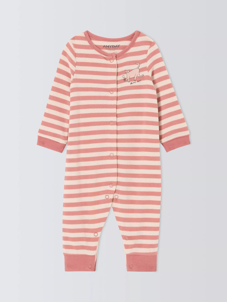 John Lewis ANYDAY Baby Stripe Cat Sleepsuit, Pink