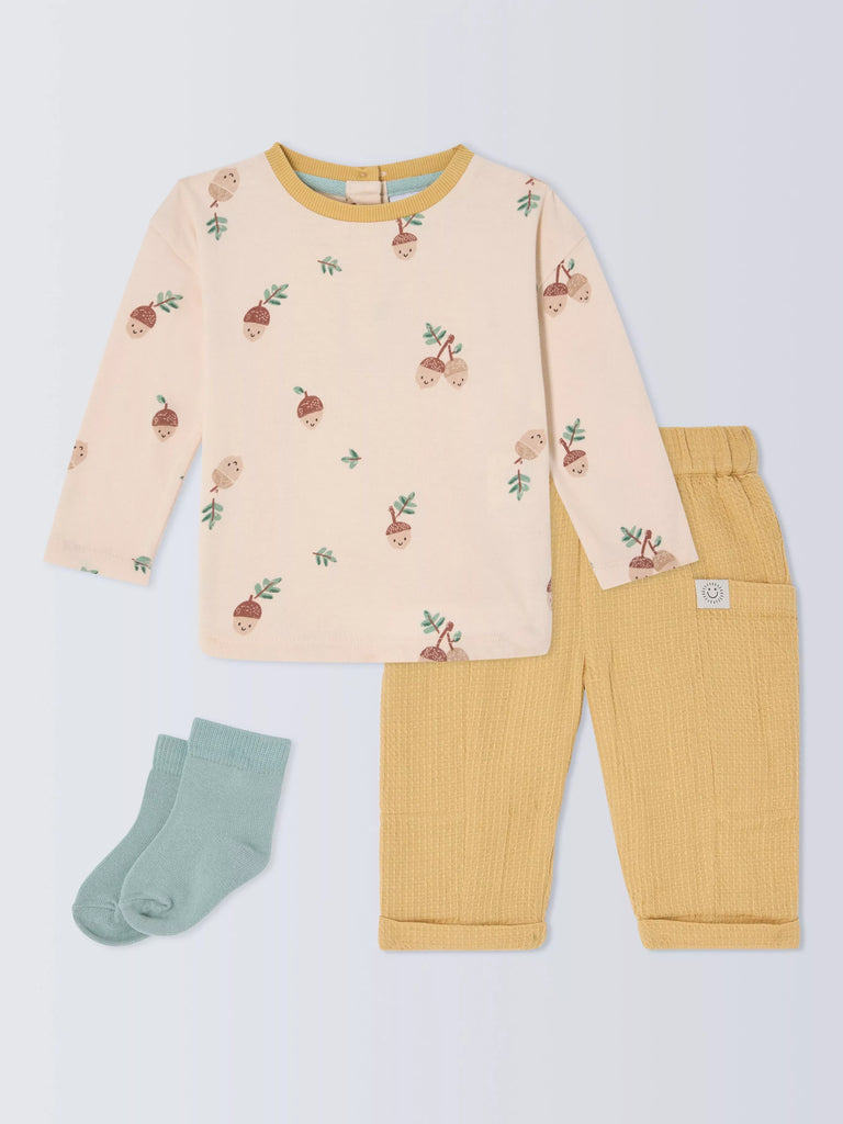 John Lewis Baby Acorn Cotton Top, Trousers and Socks Set, Multi