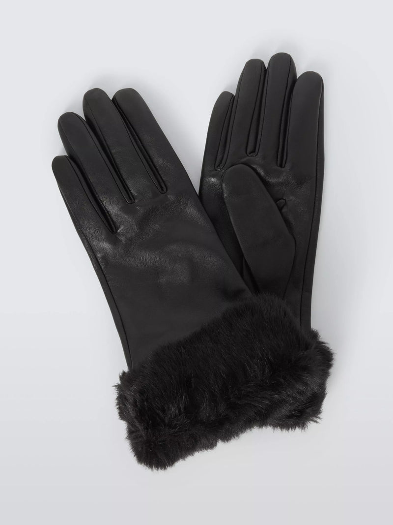John Lewis faux fur cuff leather mittens black, UK version