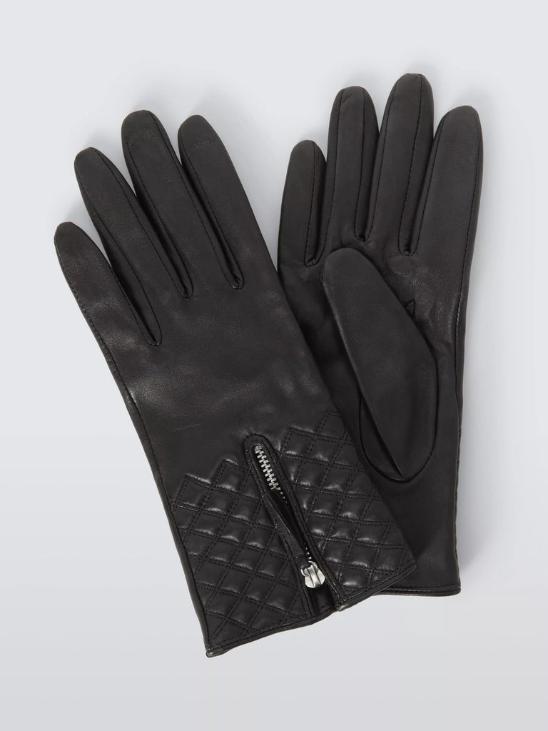 John Lewis Quilted Leather Gloves, Black