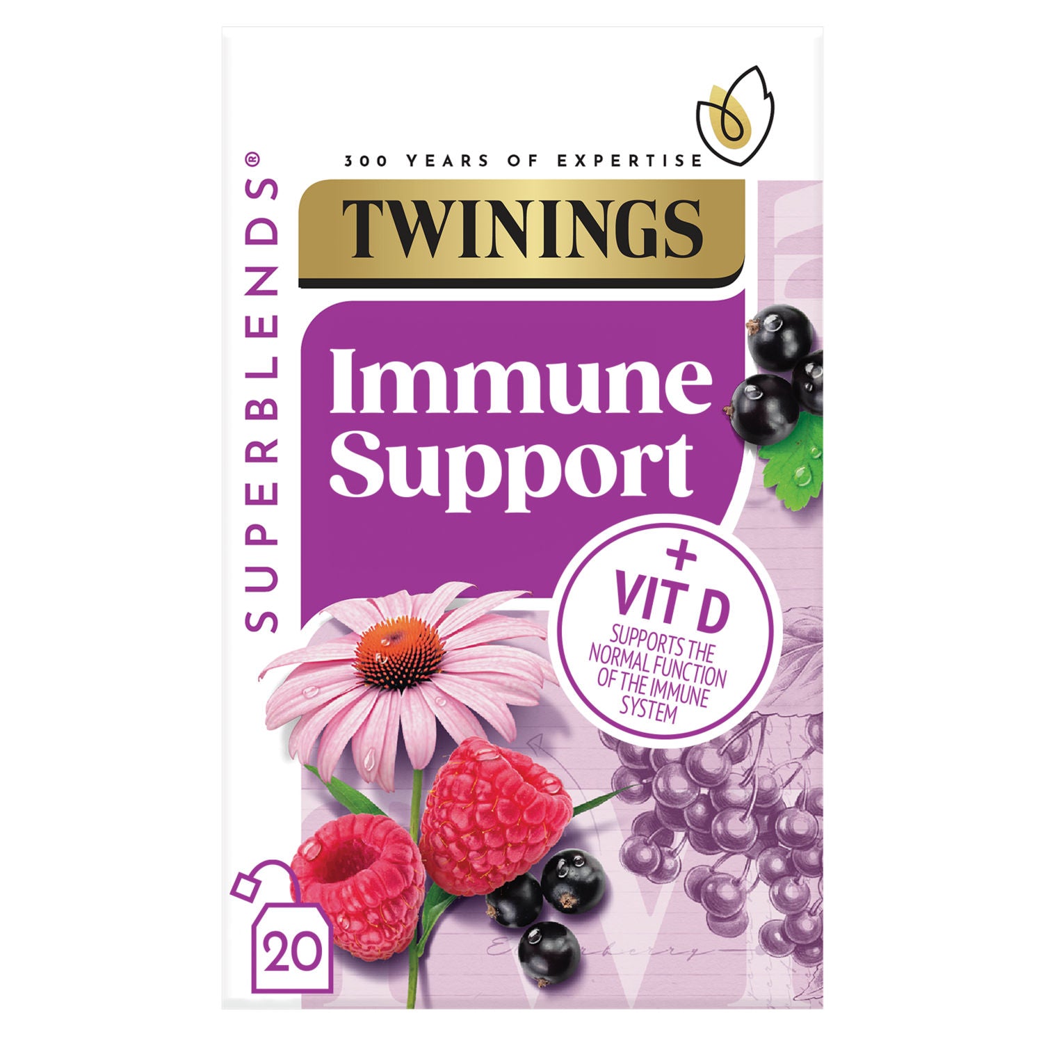 Twinings Superblends immune support blackcurrant raspberry tea 20 bags (British brand)