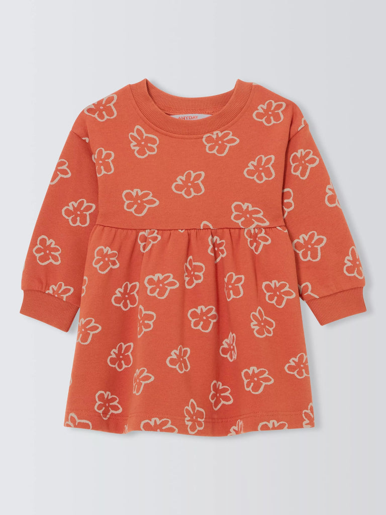 John Lewis ANYDAY Baby Cotton Flower Long Sleeve Dress, Orange