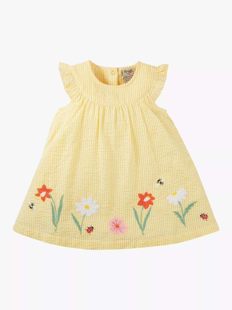 Frugi Baby Devon Dandelion Seersucker Body Dress, Yellow/Multi