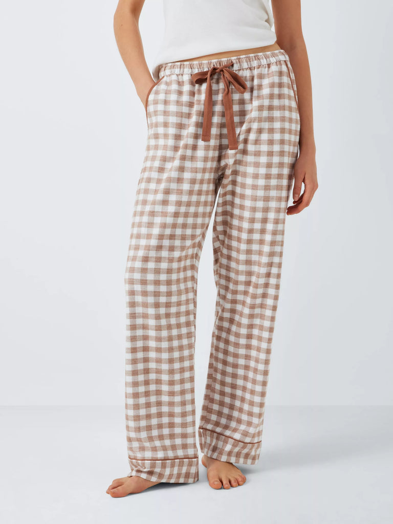 John Lewis Brushed Cotton Gingham Long Pyjama Bottoms, Ivory/Toffee