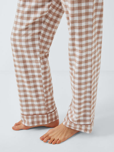 John Lewis Long Pyjama Bottoms in Brushed Cotton Gingham, Ivory/Toffee- Buy online at McGrocer