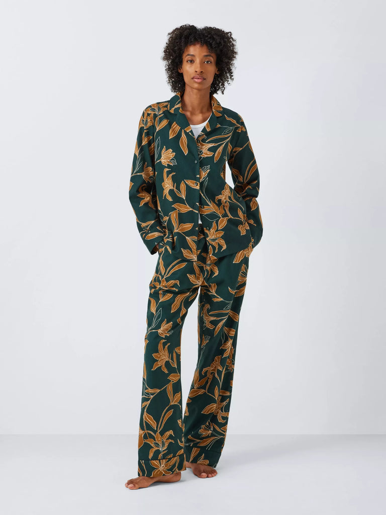 John Lewis Linear Floral Brushed Cotton Pyjama Set, Evergreen/Ochre