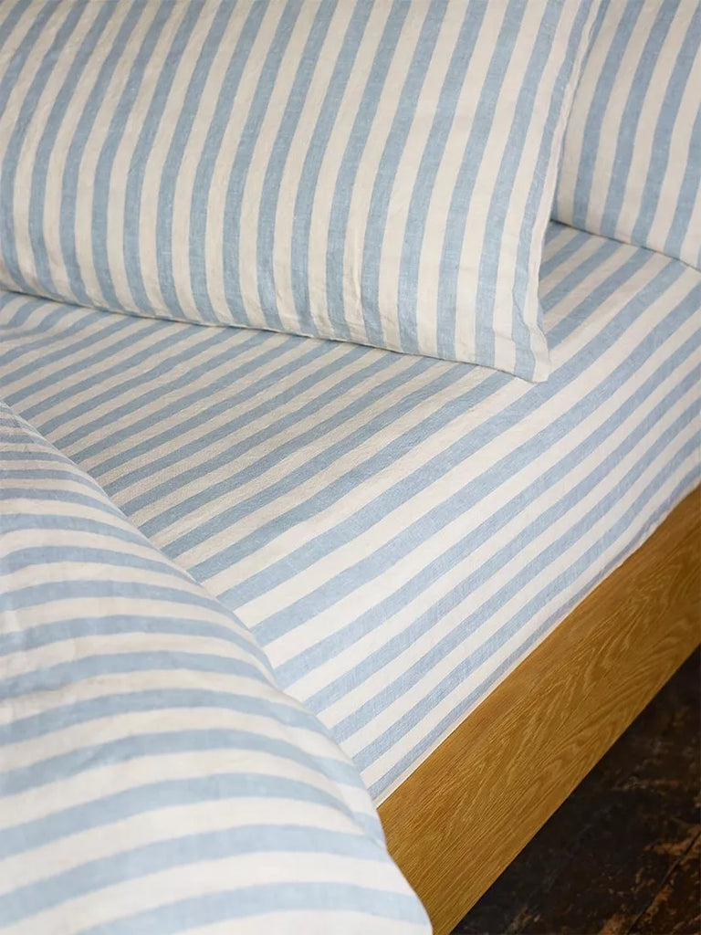 Piglet in Bed Pembroke Stripe Linen Fitted Sheet, Coastal Blue