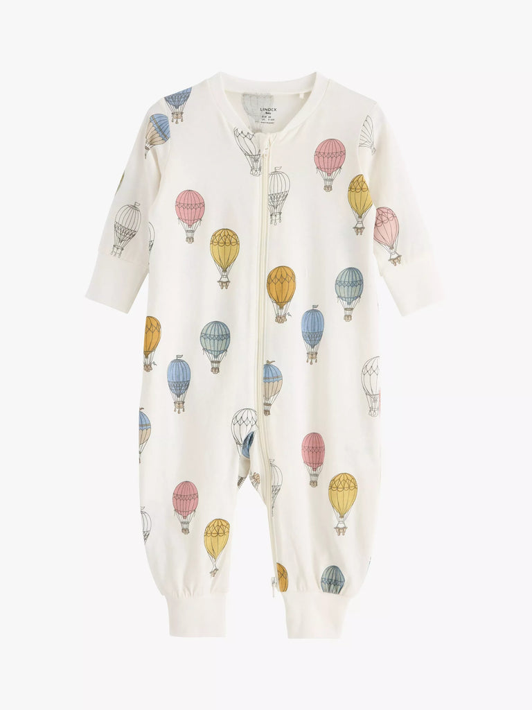 Lindex Baby Organic Cotton Hot Air Balloon Print Sleepsuit, Light Dusty White