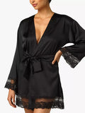 Coco de Mer Seraphine Lace Trim Silk Robe, Black