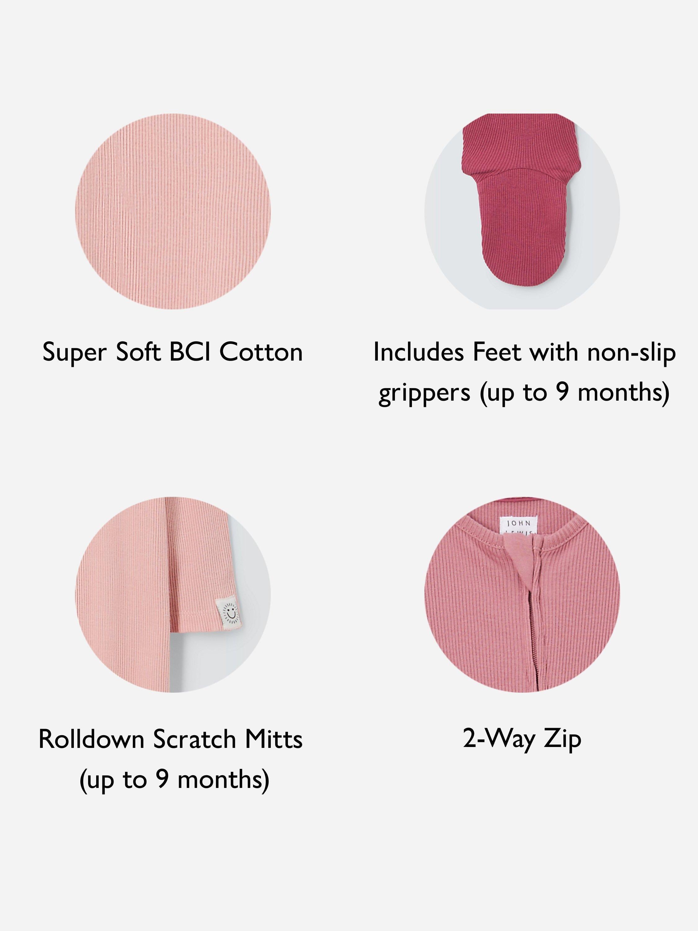 John Lewis Cotton Ribbed Baby Sleepsuit Pack of 3, UK version