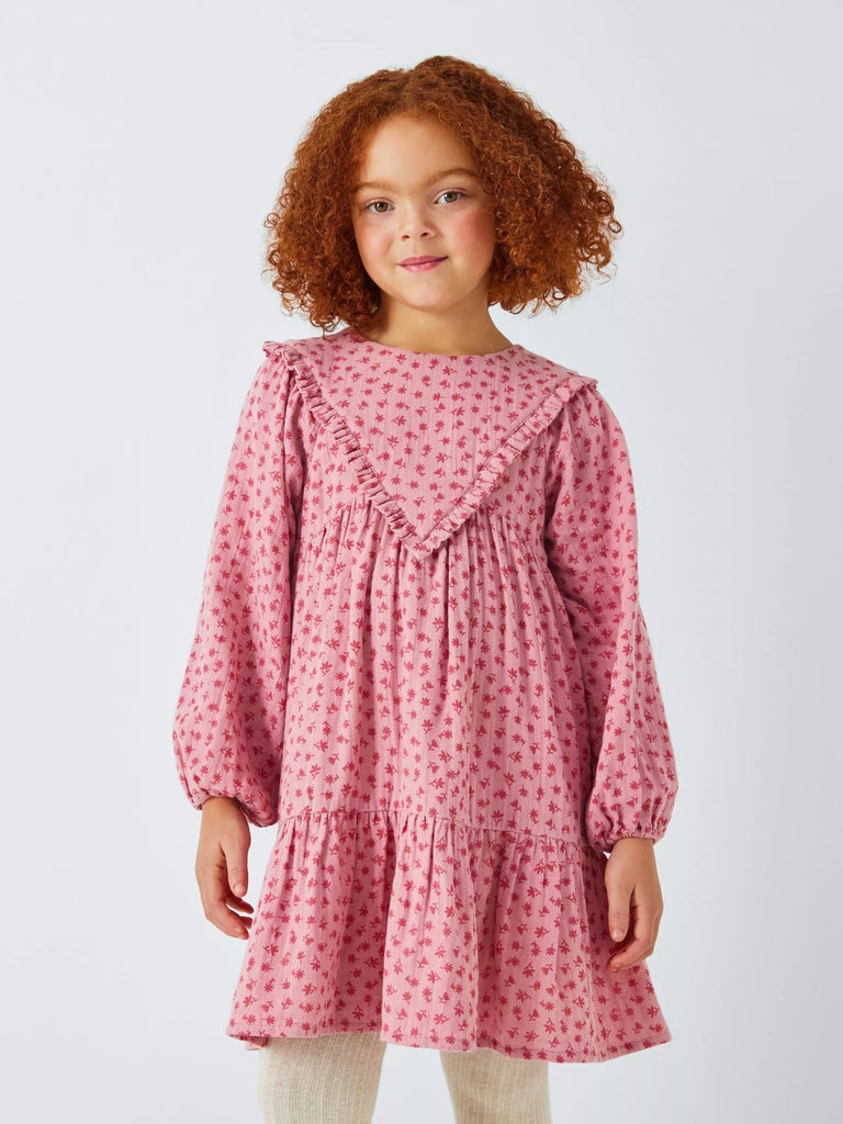 John Lewis Kids' Yoke Floral Tiered Dress, Berry Rose