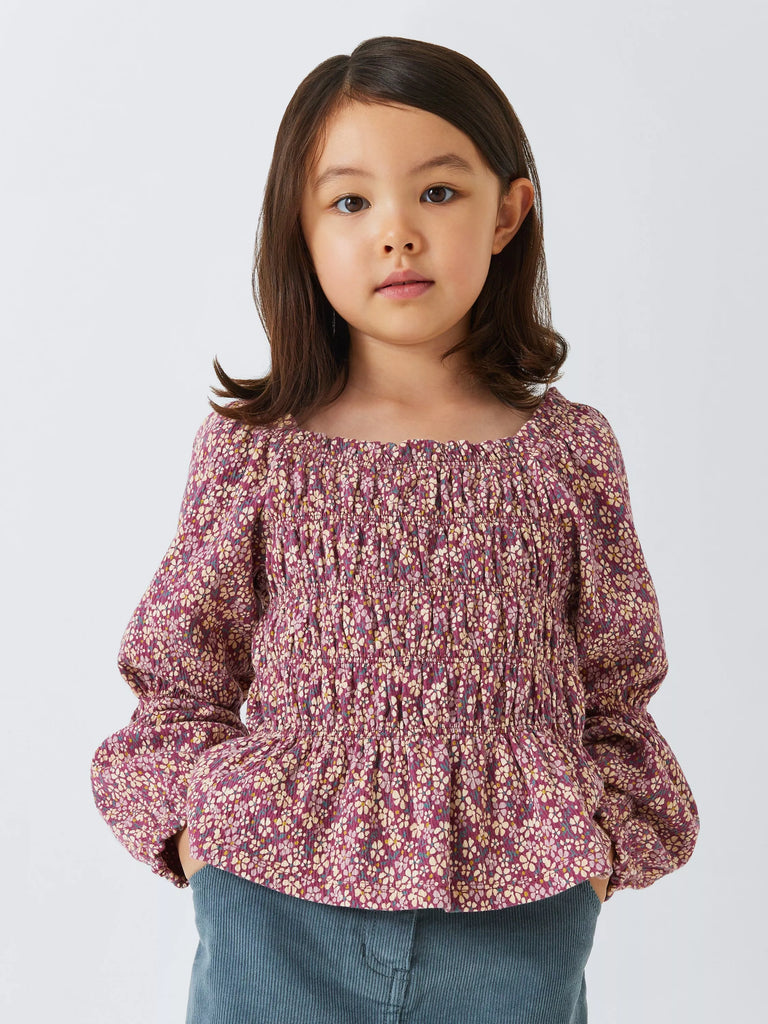 John Lewis Kids' Floral Jersey Crinkle Blouse, Berry Rose