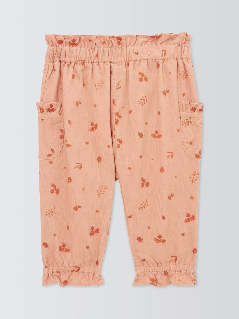 John Lewis Baby Leaf Print Corduroy Trousers, Berry