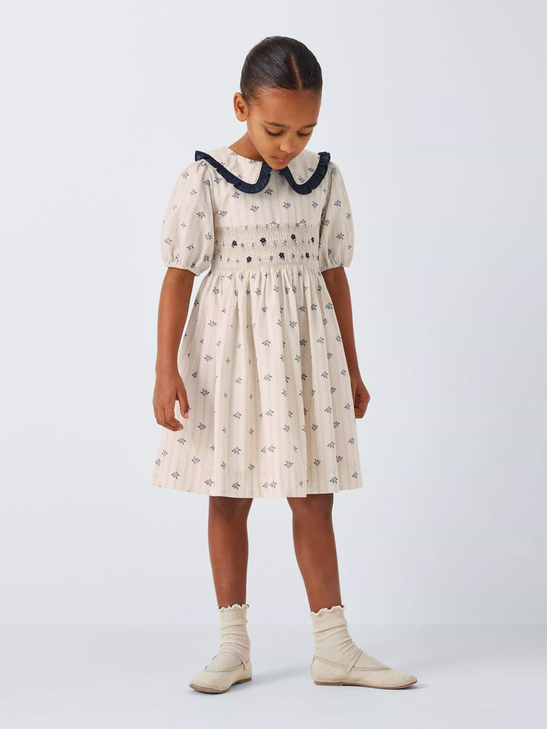 John Lewis Heirloom Collection Kids' Smocked Dobby Dress, Cream