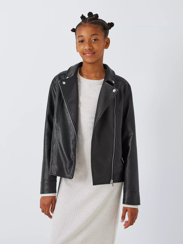 John Lewis Kids' Faux Leather Biker Jacket, Black