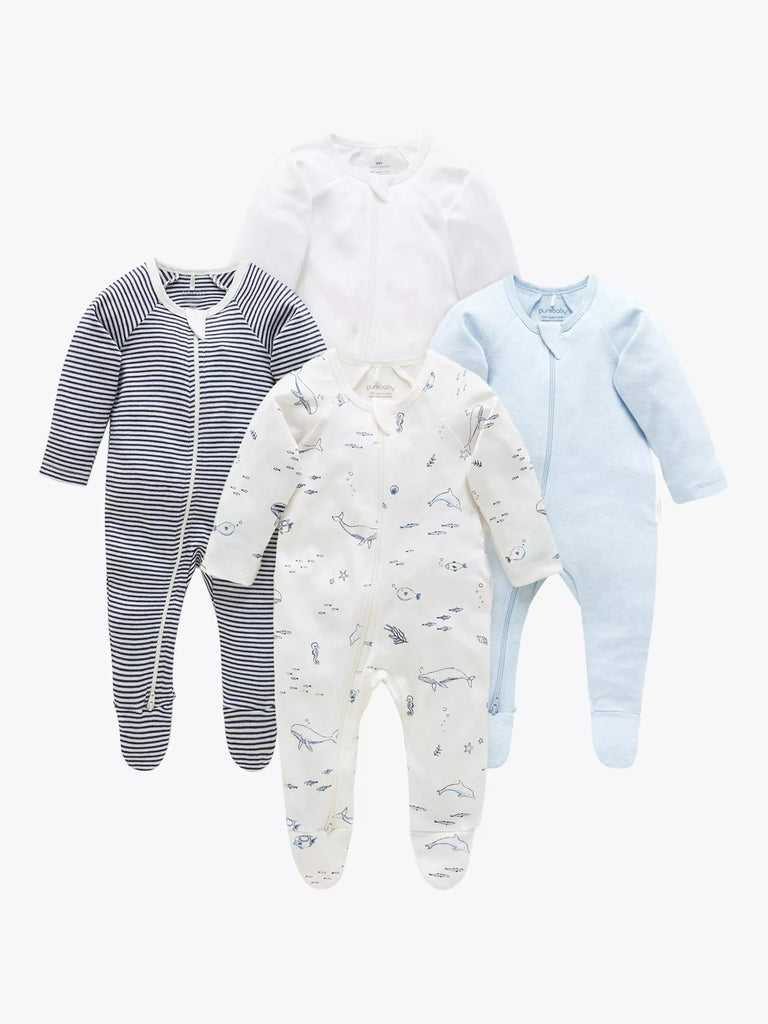 Purebaby Baby Organic Cotton Sleepsuit, Pack of 4, Vanilla Nautical