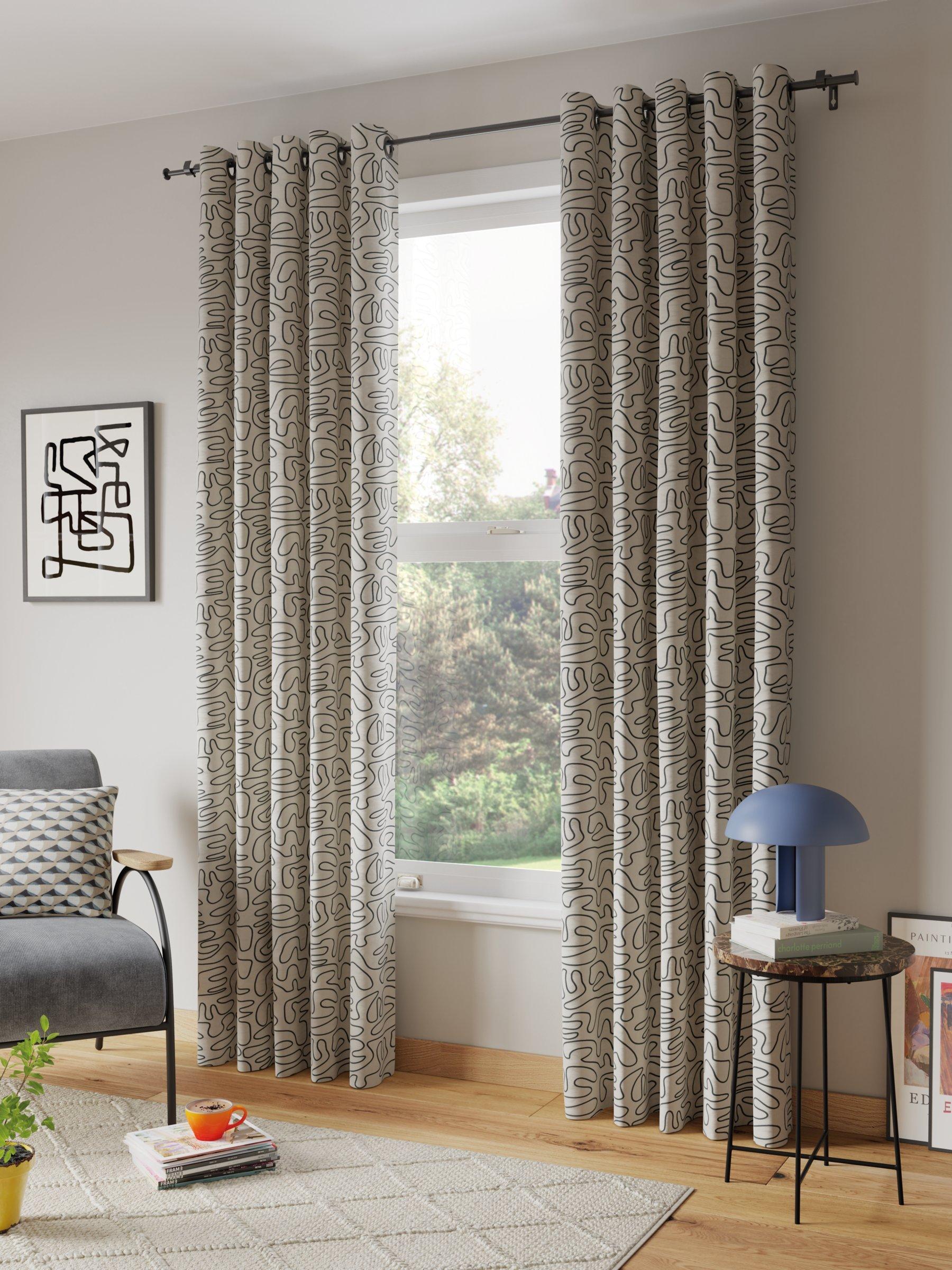 John Lewis grey scribble print lined eyelet curtains, UK version