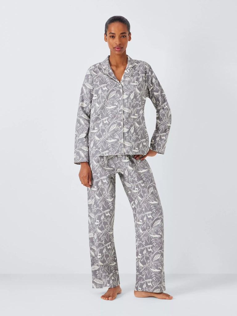 John Lewis Stag Brushed Cotton Pyjama Set, Grey/Ivory