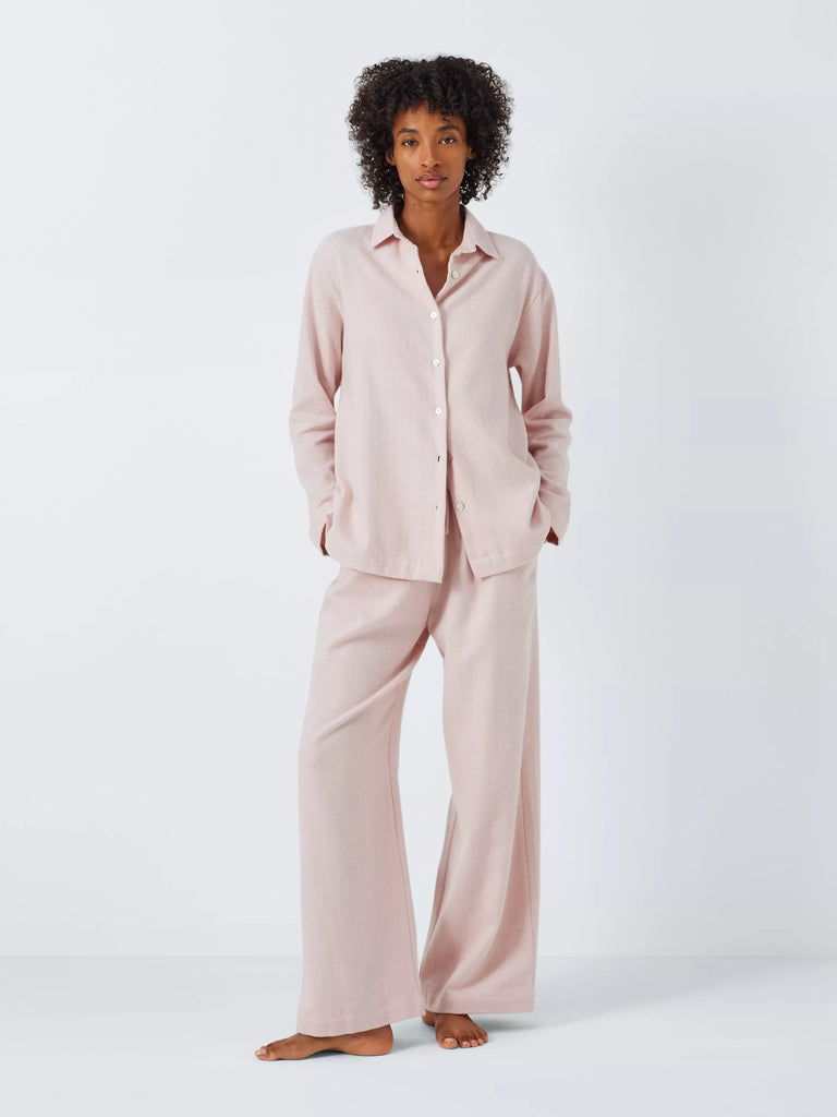 John Lewis Cotton Herringbone Pyjama Set, Silver Pink/Ivory