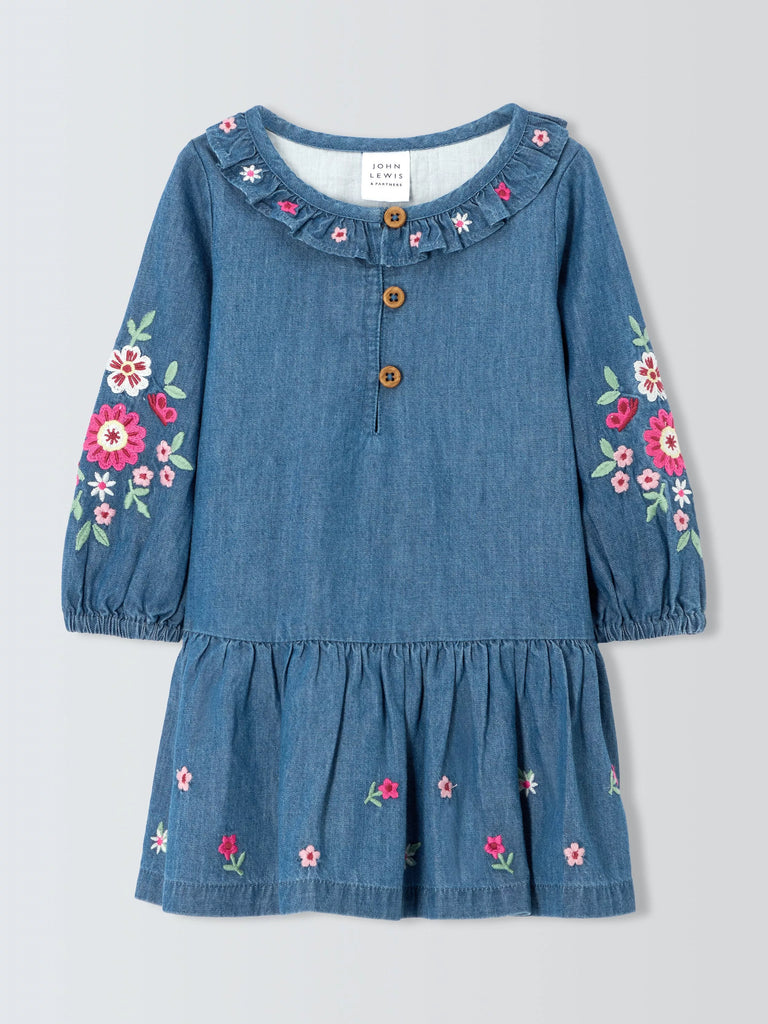 John Lewis Baby Embroidered Denim Dress, Blue