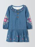 John Lewis Baby Embroidered Denim Dress, Blue