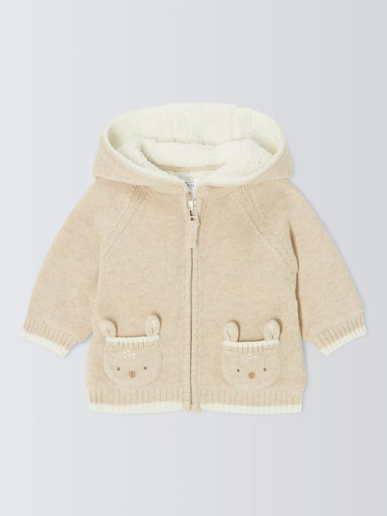 John Lewis Baby Deer Hooded Cardigan, Natural