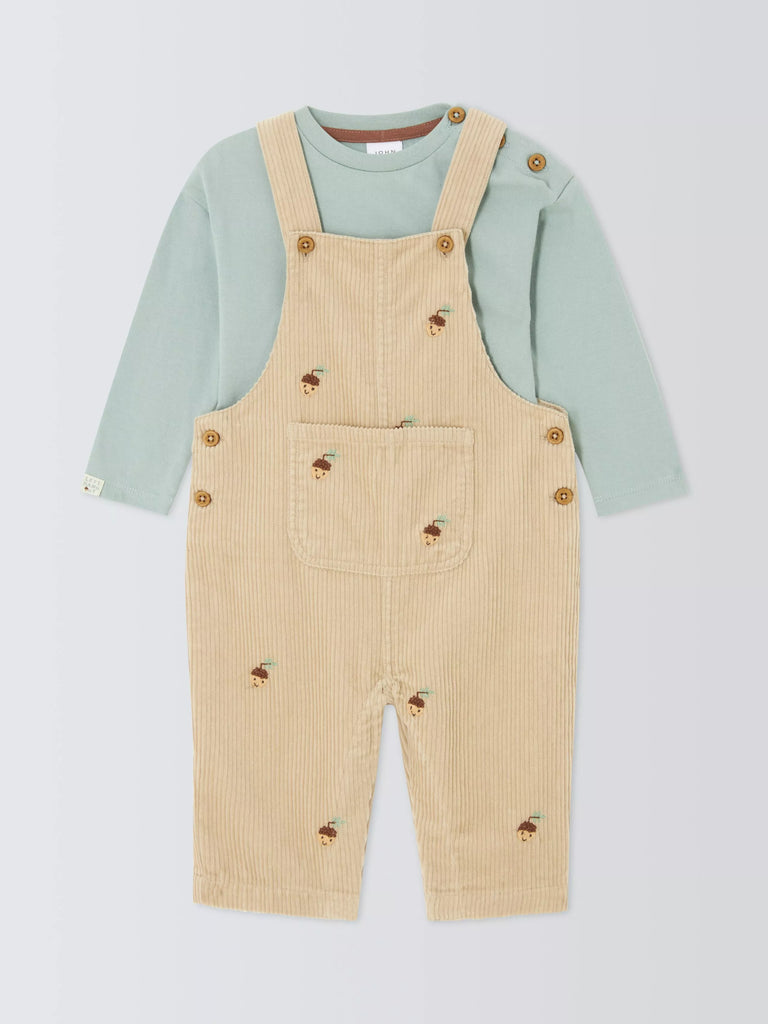 John Lewis Baby Acorn Corduroy Dungarees and Long Sleeve Top Set, Multi