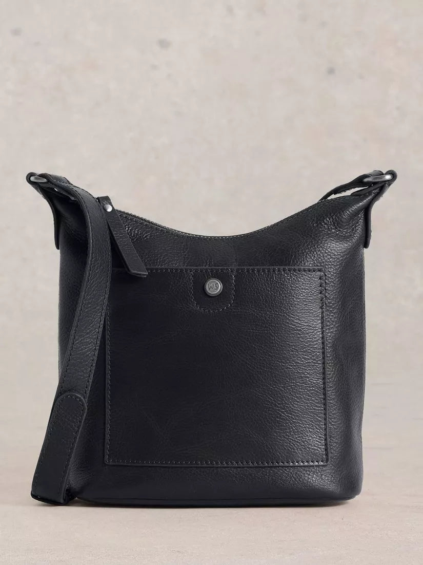 White Stuff Mini Fern Leather Crossbody Bag, Pure Black