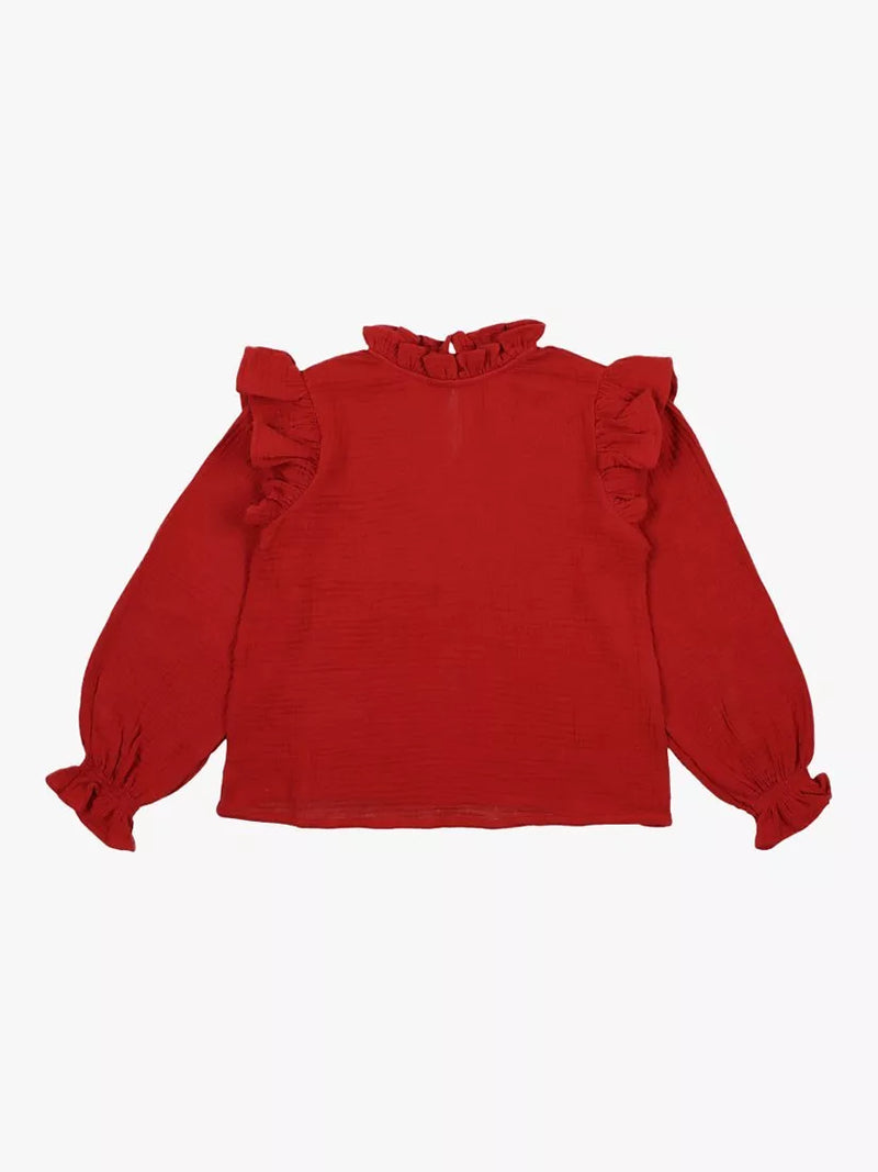 The New Society Kids' Glacier Cotton Ruffle Blouse, Ruby Dusk - 8 years