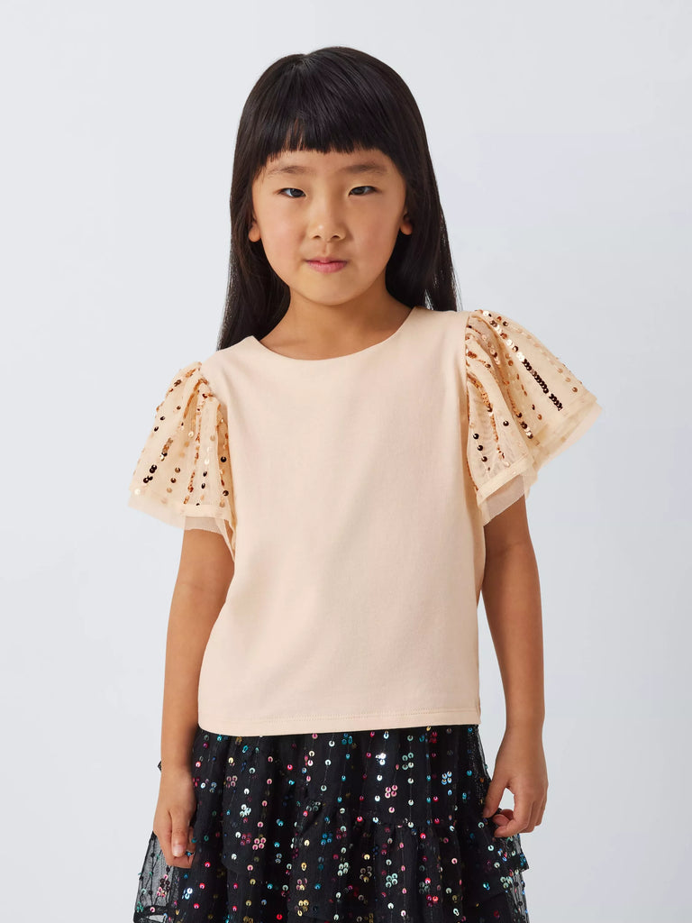 John Lewis Kids' Mesh Sequin Sleeve T-Shirt, Cream