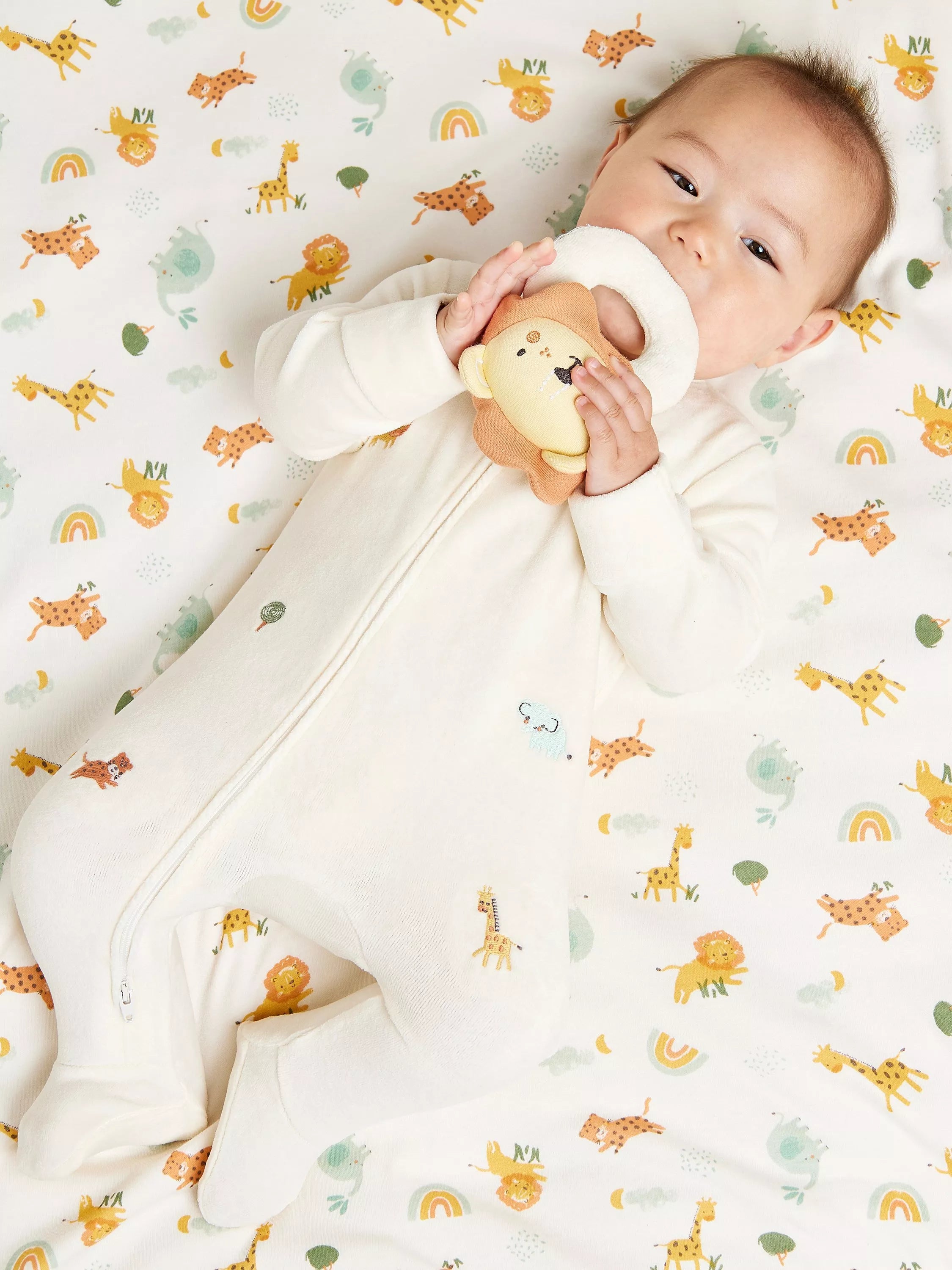Mini Cuddles Baby Cotton  Animal Starter Set & Rattle, Pack of 4, Cream - 0-3 months