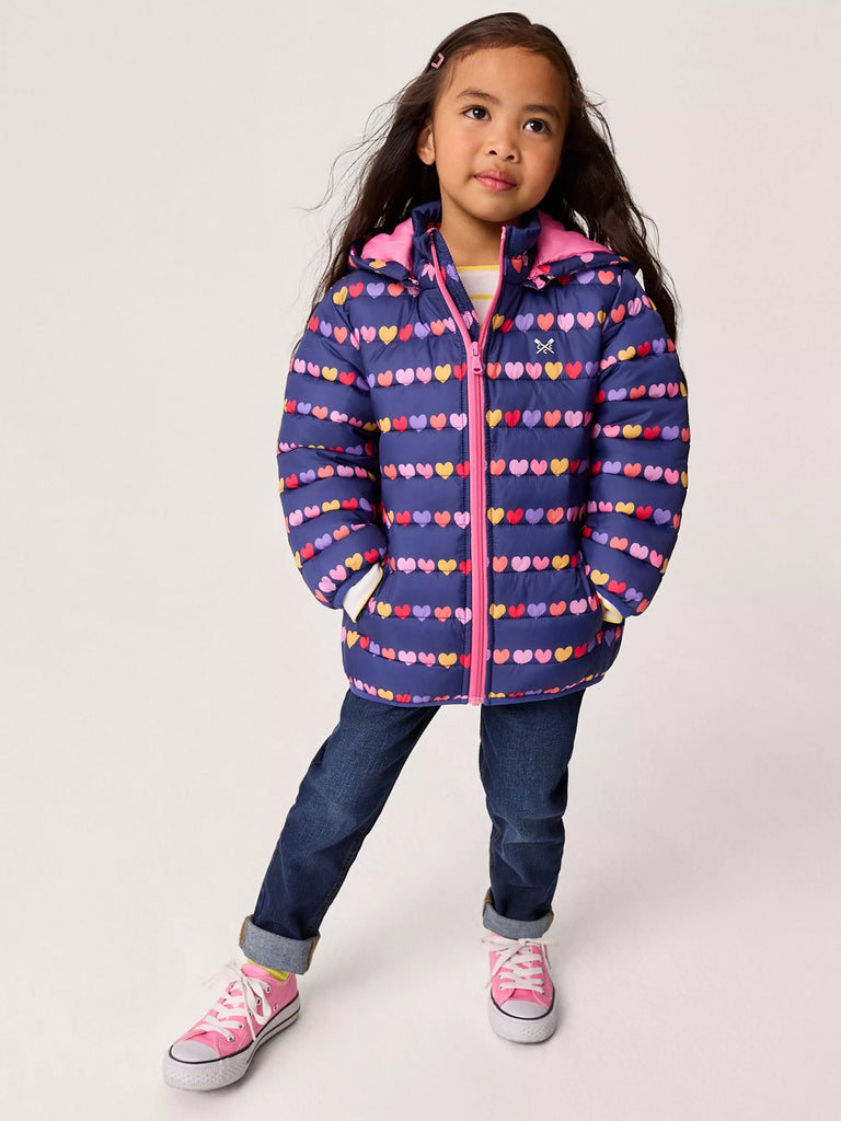 Crew Clothing Kids' Lightweight Heart Print Puffer Jacket, Navy/Multi