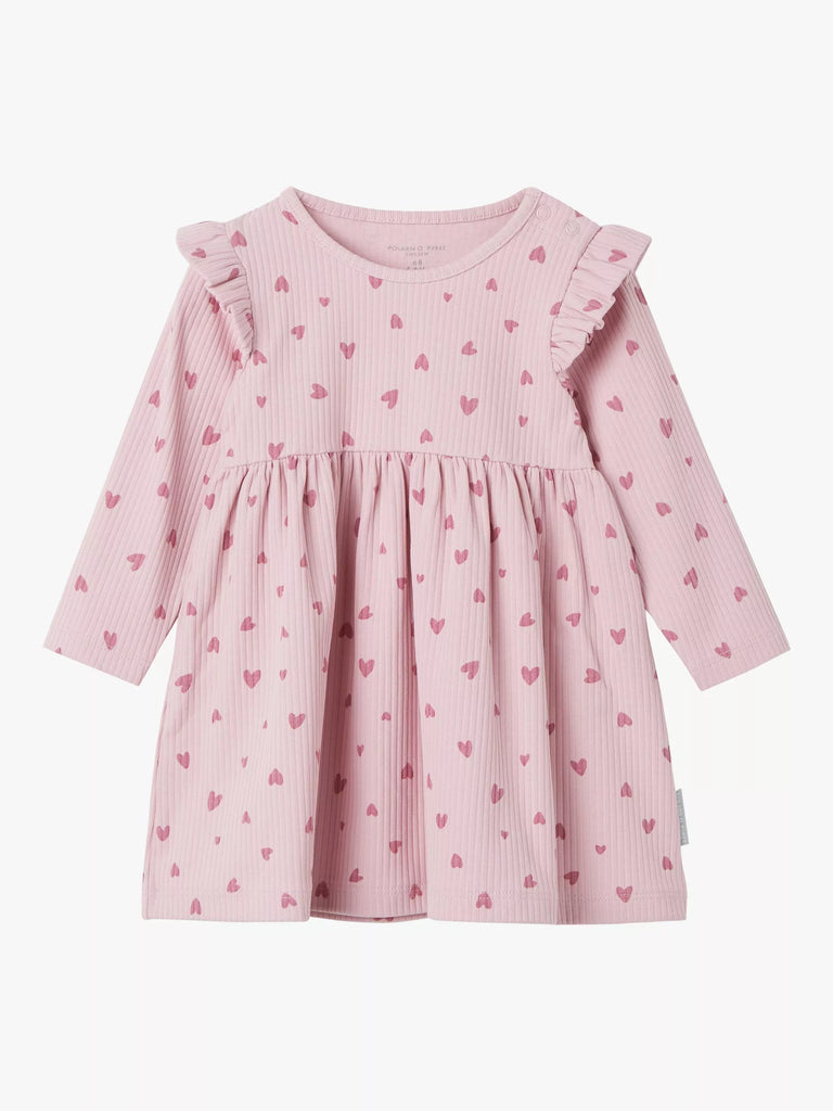 Polarn O. Pyret Baby Heart Print Long Sleeve Dress, Pink Nectar