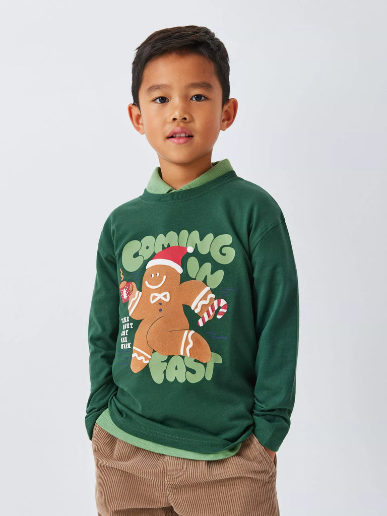 John Lewis Kids' Christmas Gingerbread Man Top, Green