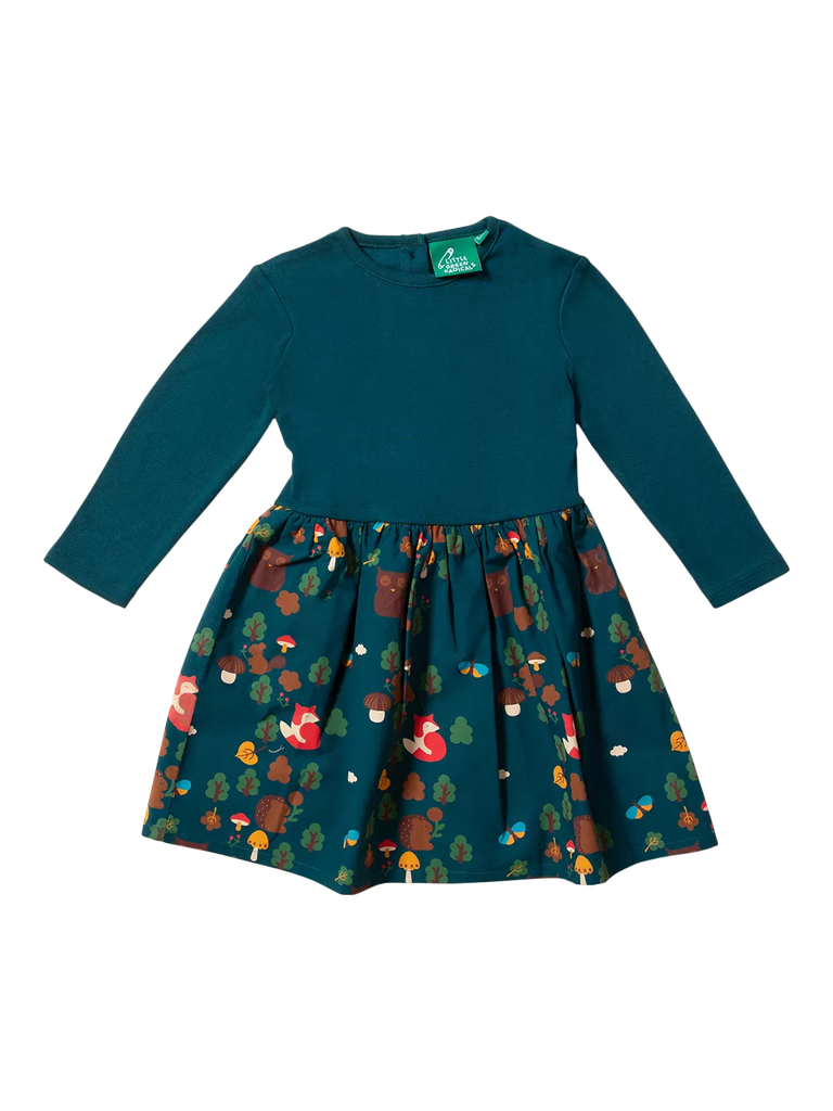 Little Green Radicals Baby Forest Long Sleeve Dress, Dark Green