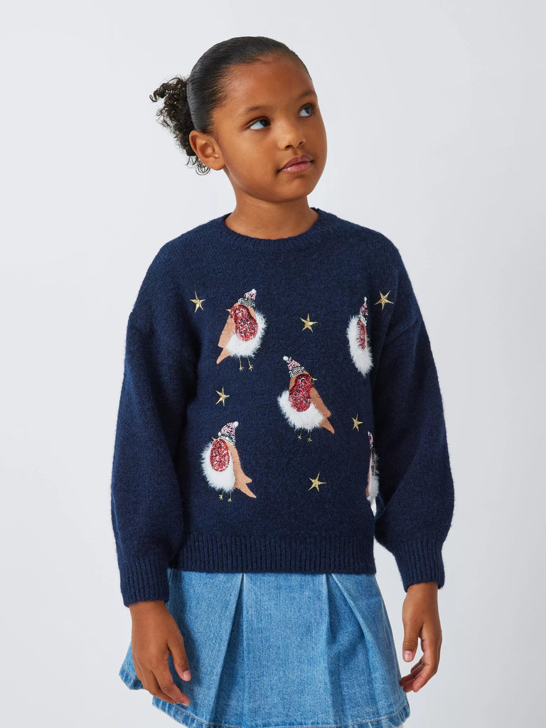 John Lewis Kids' Christmas Sequin Robins Knit Jumper, Navy