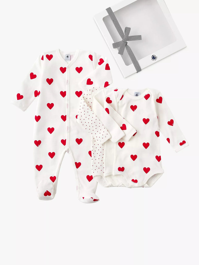 Petit Bateau Baby Heart Print Bodysuit & Sleepsuit Gift Set, White/Multi