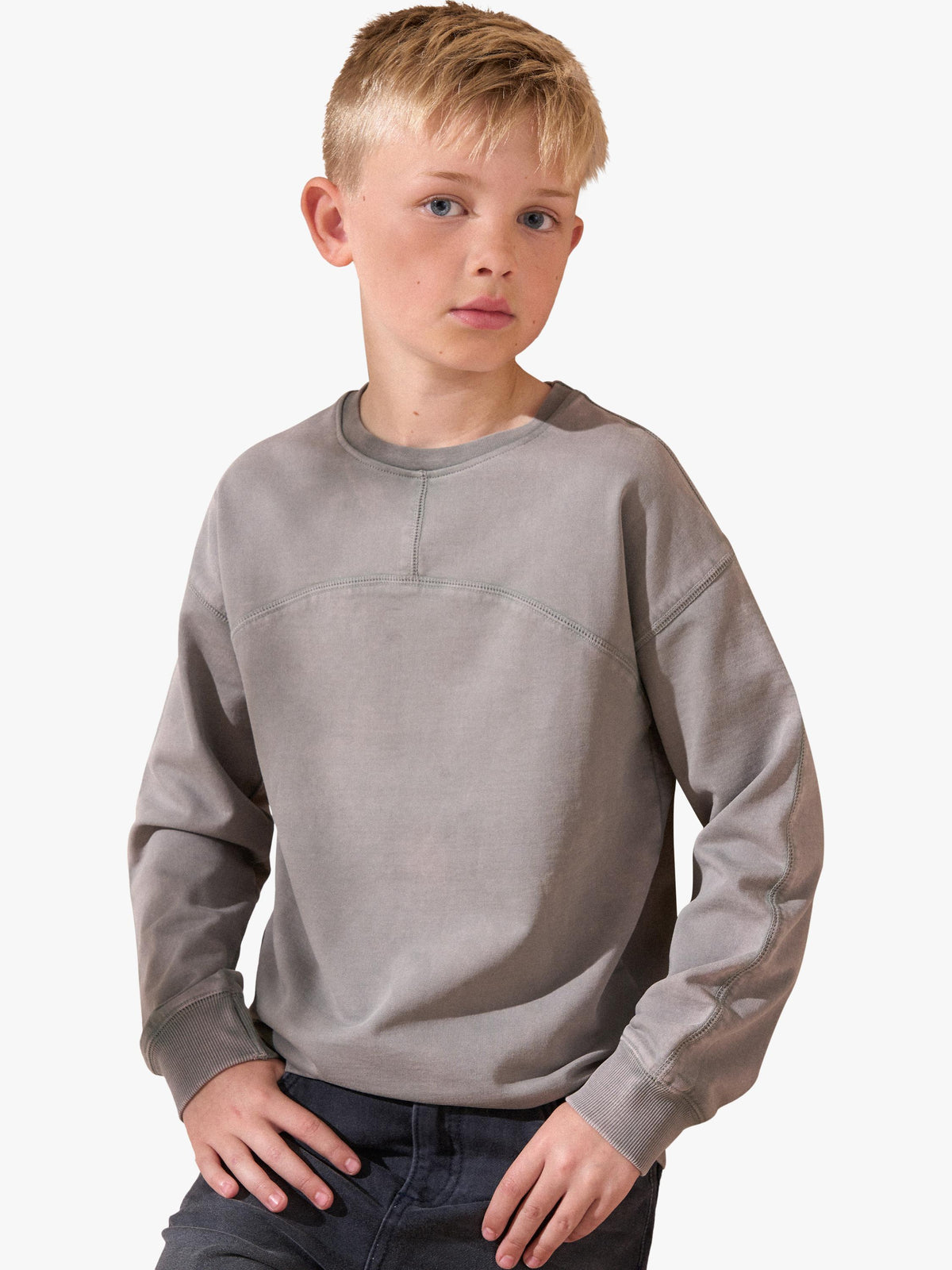 Kids' Long Sleeve Cotton Jersey Tee with Distressed Graphic Print in Taupe