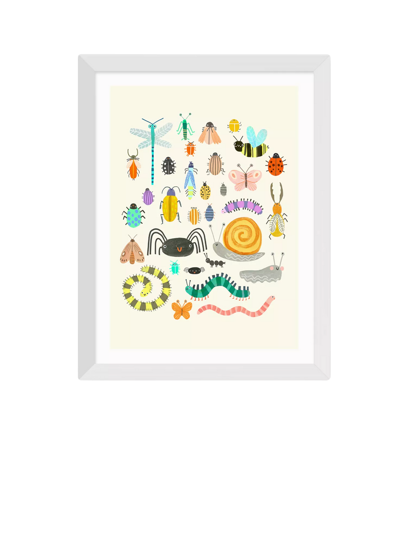 Framed Art Print with Bugs Illustration and Acrylic Glaze