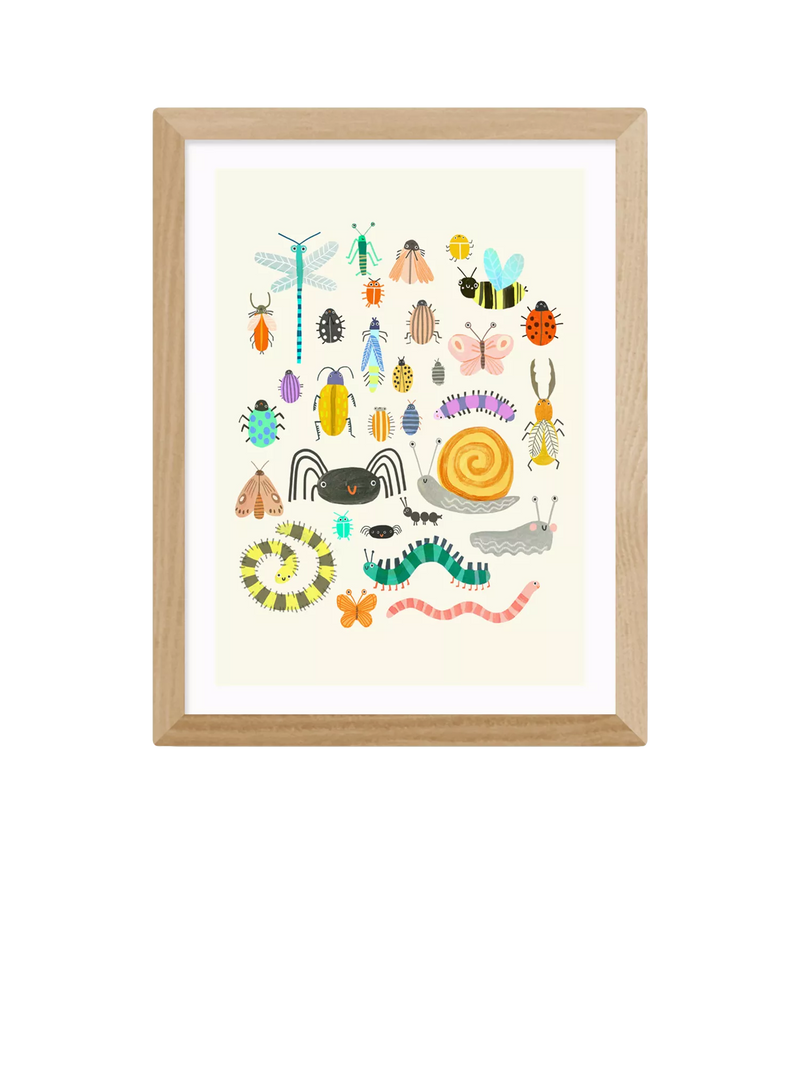 Framed Art Print with Bugs Illustration and Acrylic Glaze