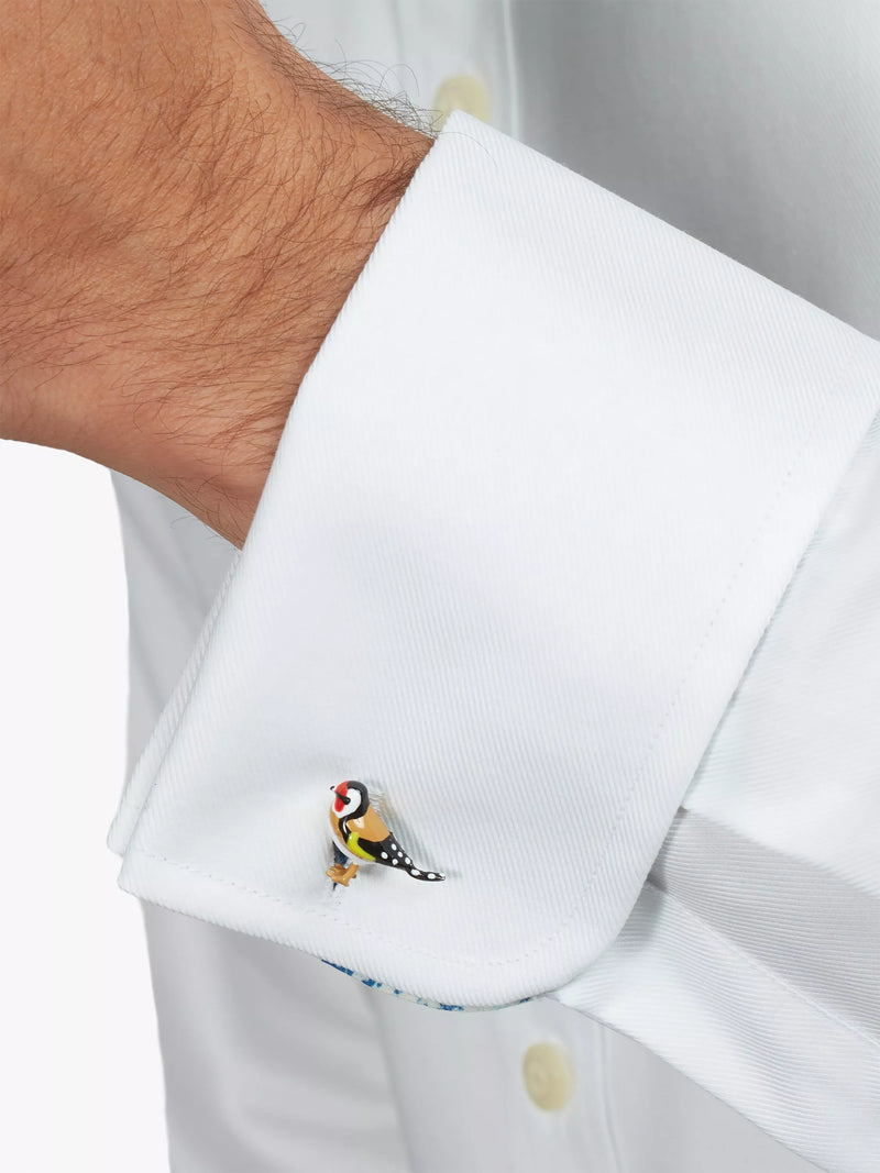 Simon Carter enamelled goldfinch cufflinks, imported from the UK