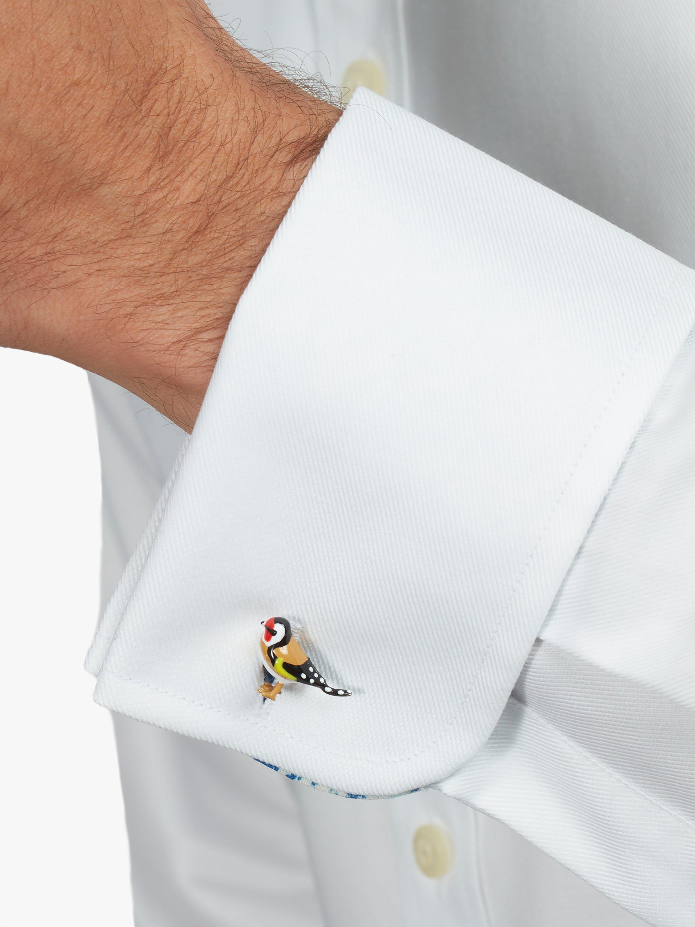 Simon Carter enamelled goldfinch cufflinks, imported from the UK