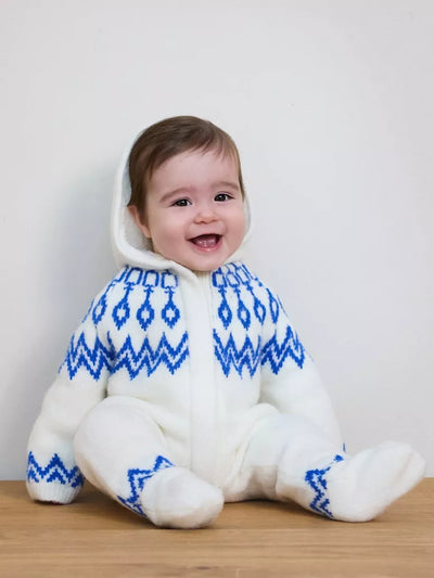 John Lewis The Little Tailor Baby Fair Isle Knitted Hooded Pramsuit, Blue/Cream- Buy online at McGrocer