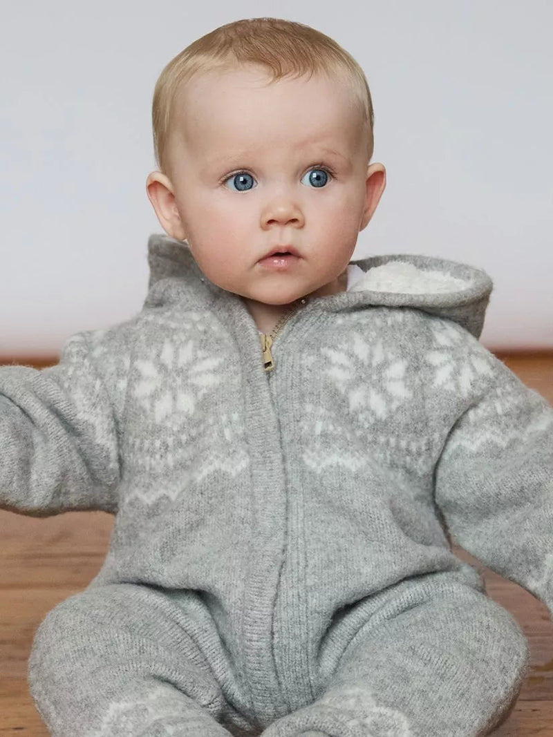 The Little Tailor Baby Fair Isle Knitted Hooded Pramsuit, Grey - 3-6 months