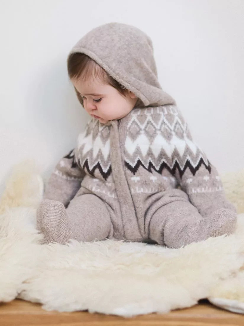 The Little Tailor Baby Fair Isle Knitted Hooded Pramsuit, Mouse/Cream - 0-3 months