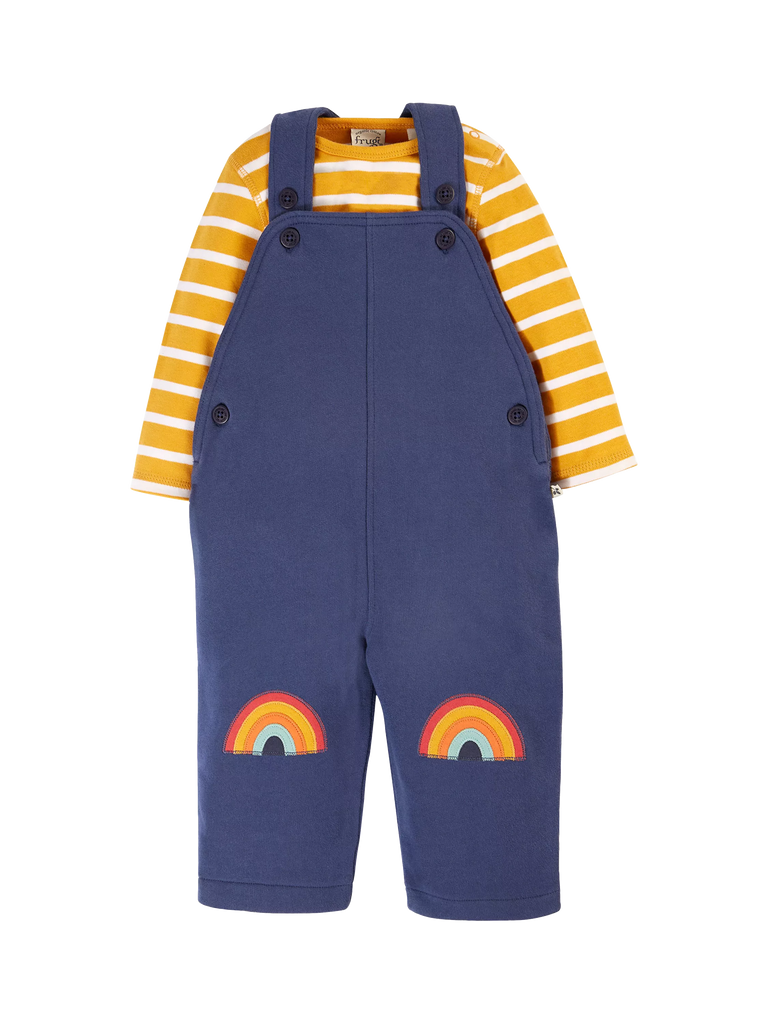 Frugi Kids' Rae Organic Cotton Dungaree & Bodysuit Set, Navy Blue/Goldstripe