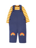 Frugi Kids' Rae Organic Cotton Dungaree & Bodysuit Set, Navy Blue/Goldstripe