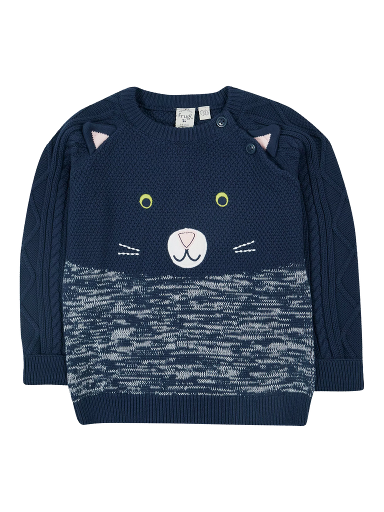 Frugi Baby Cat Knit Organic Cotton Jumper, Navy Blue