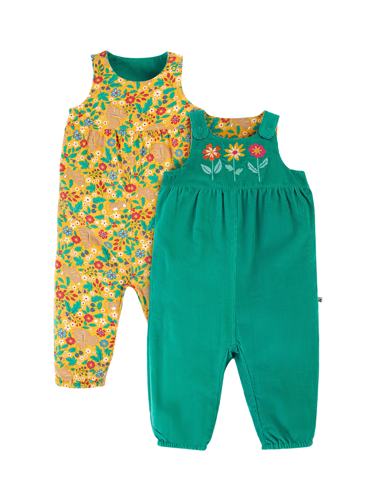 Frugi Kids' Lacey Reversible Dungarees, Iguana/Autumnfriends